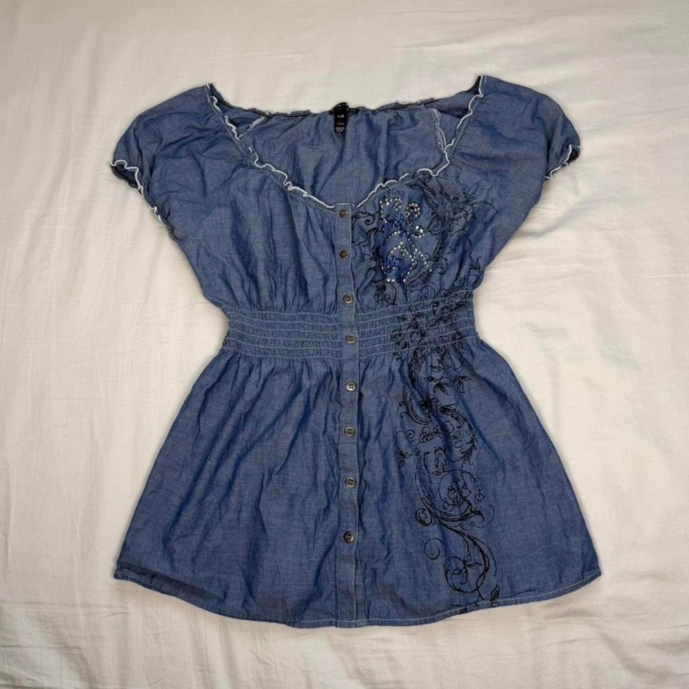 Vintage y2k Fang denim babydoll short sleeve blouse with grunge sparkly pattern